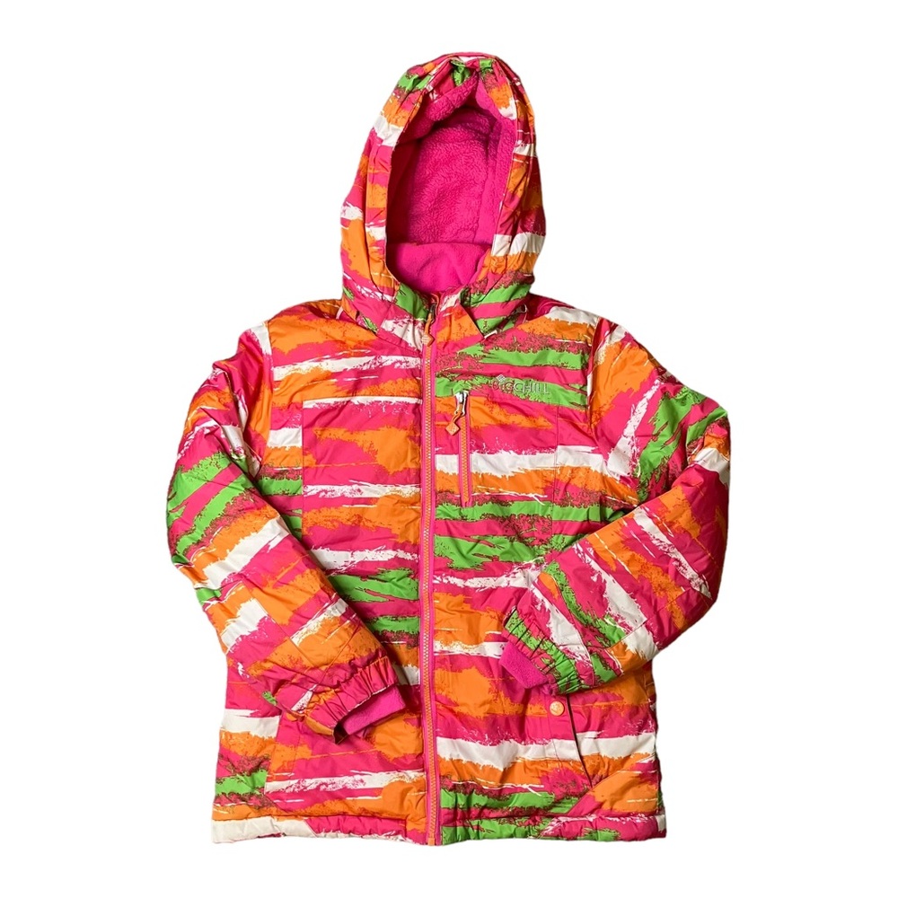Neon Winter Coat Girls Size 10/12 Ski Jacket Fleece Interior Detachable Hood